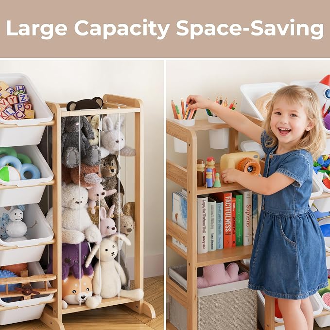 Toy Storage Organizer with Bookshelf and Stuffed Animal Storage - Kids Playroom Organization with Shelves and 12 Toy Bins - Toddler Living Room Toy Box for Lego - Nursery Bedroom Decor Essential