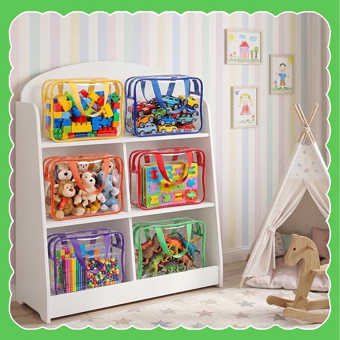 Toy Storage Bags 6 Pack, Clear PVC Toy Organizers, Colorful | Waterproof PVC, Large 30 x 10 x 22 CM Size, Label-Ready, For Toys, Books, Puzzles, Classroom and Travel