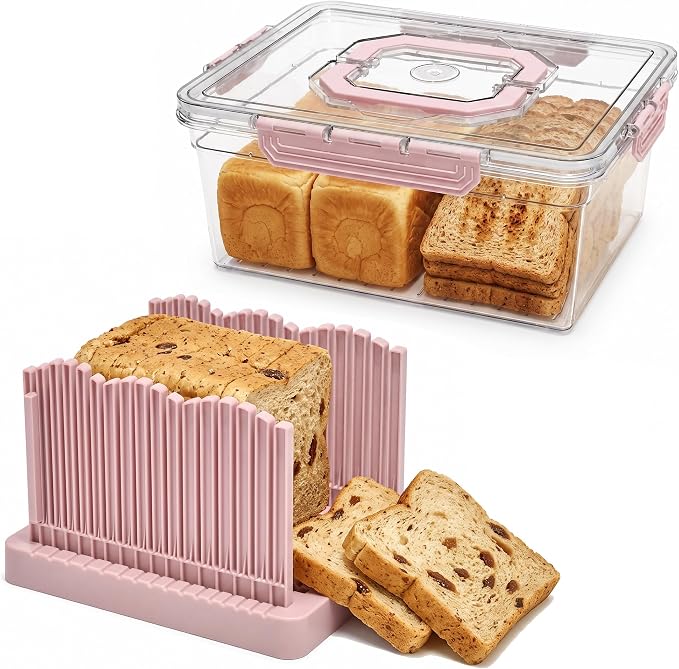 VECELO 2‑in‑1 Bread Slicer & Airtight Bread Storage Box with Handle, Plastic Bread Container with Lid for Keeping Fresh, Ideal for Bread, Cake, Buns,Pink