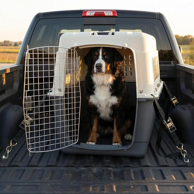 SportPet Airline Compliant XX-LARGE 39" Travel Dog Kennel-Durable Plastic Airline Pet Carrier w/ Removable Wheels & Food Bowls, Collapsible Indoor/Outdoor Dog Kennel, Dogs up to 36"L & 27"H-Cream/Gray