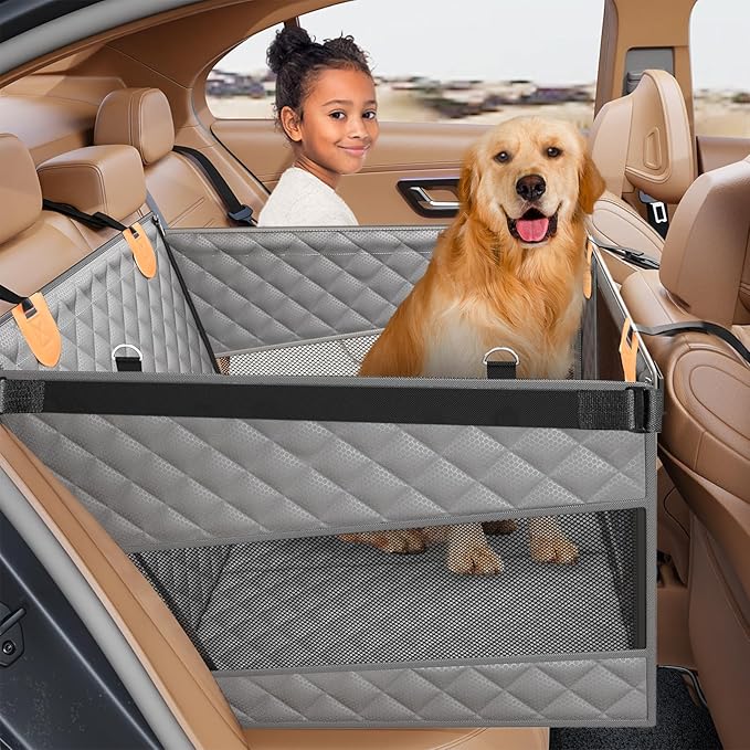 Large Dog Car Seat, Back Seat Extender for Dogs with Hard Bottom | Waterproof Medium Carseat for Dogs with 3 Mesh Windows, Pet Seat Cover for Cars, Trucks and SUVs