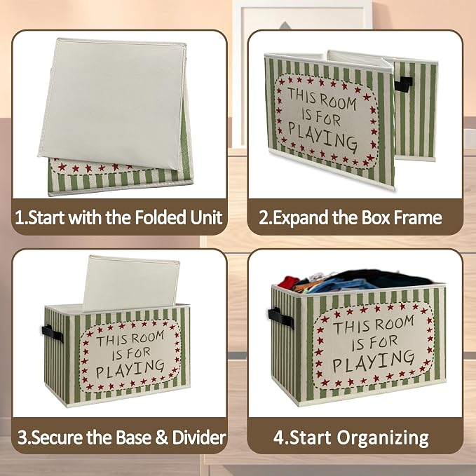 Nursery Playroom Cube Storage Bins with Handles, This Room Is for Playroom Green Striped Collapsible Fabric Storage Basket Boxes Books Clothes Organizer for Boys Bedroom Playroom Bathroom