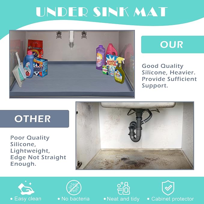 URMONA Waterproof Silicone Under Sink Mat 34'' x 22'' Shelf Liner for Kitchen and Bathroom, Cabinet and Counter Protector, Storage and Organizers, Litter Mat, Pet Cat Puppy Essentials(Light Grey 1pcs)