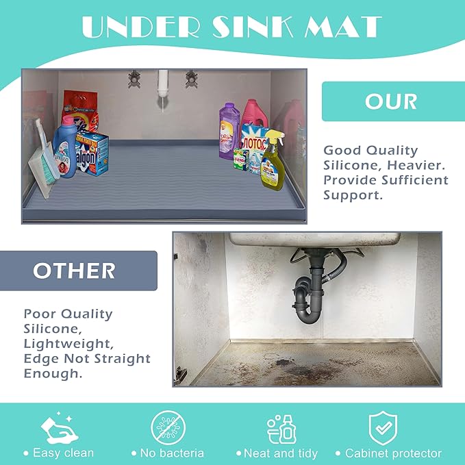 URMONA Waterproof Silicone Under Sink Mat 40'' x 22'' Shelf Liner for Kitchen and Bathroom, Cabinet and Counter Protector, Storage and Organizers, Litter Mat, Pet Cat Puppy Essentials(Black)