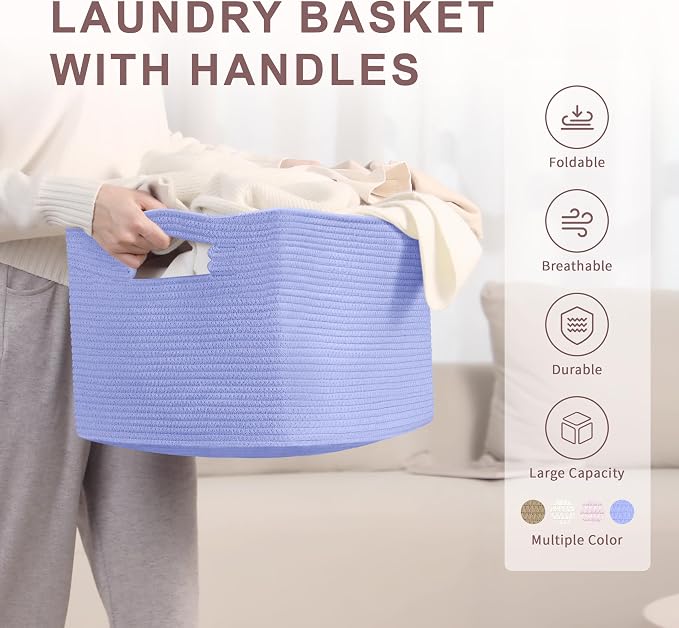45L Small Woven Laundry Basket Hamper with Handles, Blue Purple | collapsible wicker hamper, storage for dirty clothes, toys, blankets, gifts, living room, bedroom, bathroom, 18"x14"x11"