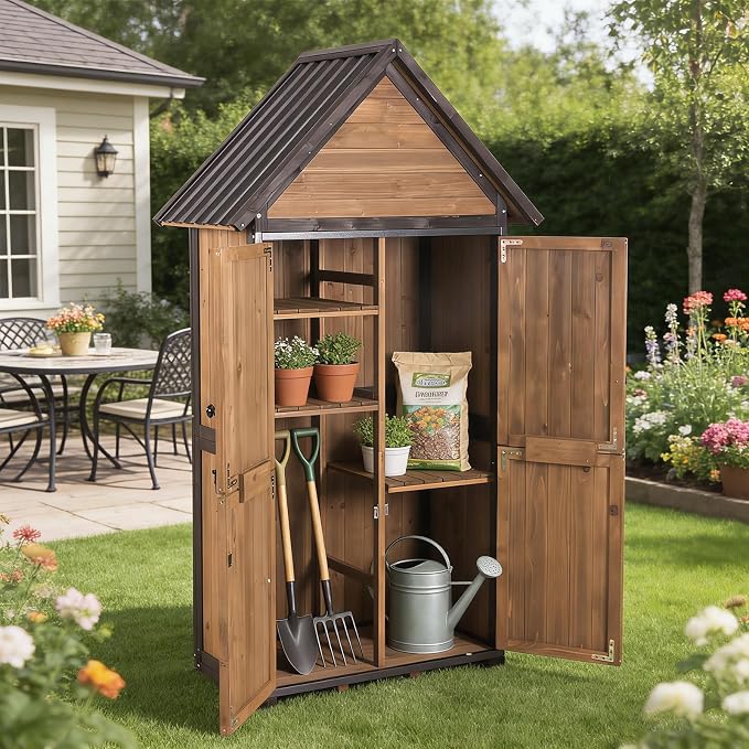 GUTINNEEN Outdoor Storage Shed with All Around Strong Metal Frame, Garden Tool Sheds Cabinet with Floor & Adjustable Shelves, Wooden Tool House for Backyard Garden Patio Lawn 67.1" H (Dark Brown)