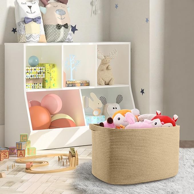 Large Jute Rectangle Rope Basket, 23.6" x 17" x 12" Blanket Storage for Living Room, Pool Towel Basket, Woven Baby Floor Laundry Hamper for Clothes, Toy Storage Bin, Bathroom Towel Storage