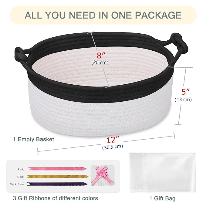 COMSE Small Gift Basket Empty with Bag & Ribbons, Black & White | Cotton Rope, 12"x 8"x 5", Pet Toy Storage Organizer, Woven Basket for Birthdays, Baby Showers, Mother’s Day, Valentine’s Day