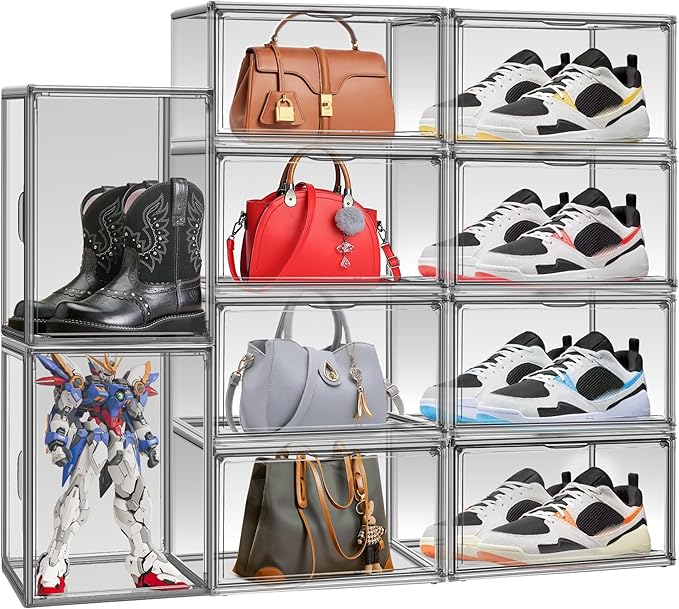 2 Pack Black Acrylic Shoe Boxes, Space-Saving Everyday Sneaker Storage | Size 12, SPACE-SAVING STACKABLE DESIGN – Build upward to organize shoes while using less closet, shelf or floor space.