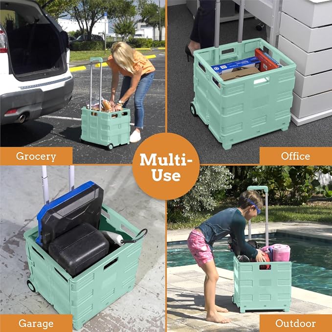 Inspired Living Ultra-Slim Rolling Collapsible Storage Pack-N-Roll Utility-carts, with Telescopic Handle, for Home, Garden, Shopping, Office, School use, Large, Mint