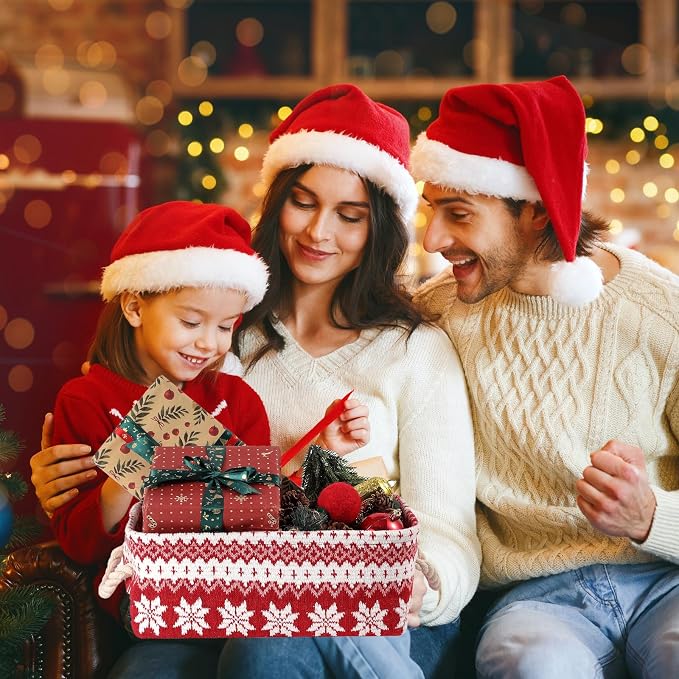 Red Christmas Gift Basket, Collapsible Empty Holiday Storage Bin with Handles, Fabric Storage Organizer for Kids, Baby Items, Presents and Festive Home Decorations