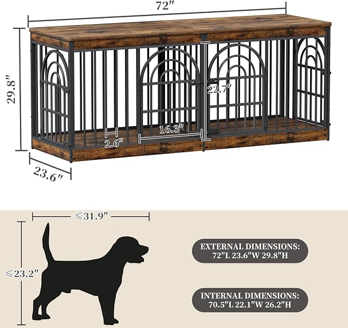 EasyCom 72" Wooden Double Dog Crate Furniture for 1-2 Dogs | Removable Divider, Retro Round Door, Fits Medium & Large Dogs, End Table TV Stand