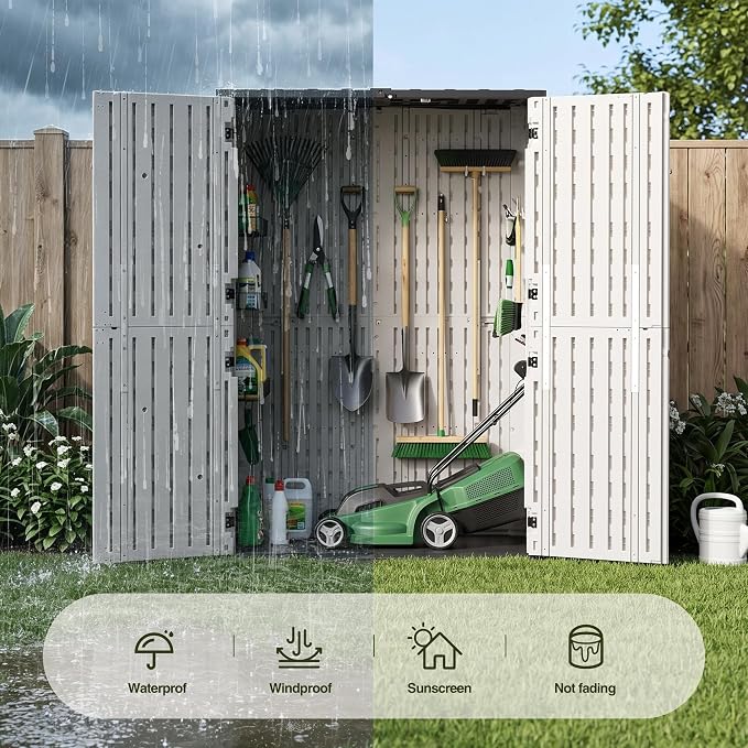 65 Cu.Ft Resin Outdoor Storage Shed with Floor, Weatherproof Plastic Vertical Outdoor Storage Cabinet for Garden Backyard Patio Pool Tool