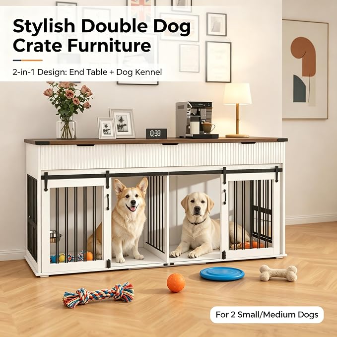 71" White+Walnut Double Dog Crate TV Stand with Charging & Feeder | 3 Fluted Drawers, Rotating Feeder Design, Heavy Duty Frame, for 2 Dogs, Indoor Pet Kennel