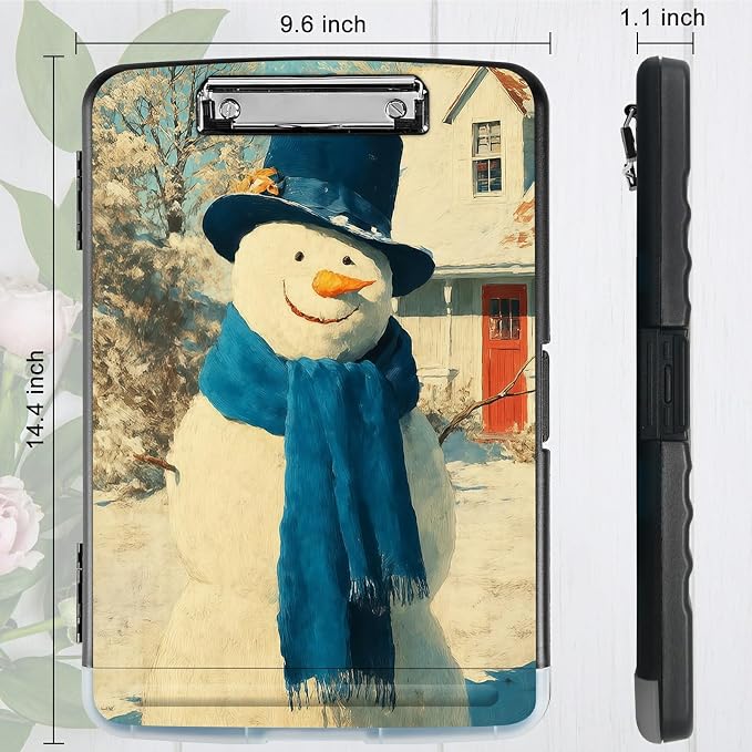 A4 Clipboard with Storage Pen Holder, Clipboards Organizer Nursing Clipboard Foldable File Folder Plastic Clipboard Folio Clip Board for Office Work Classroom Doctor, Blue Towel Snowman