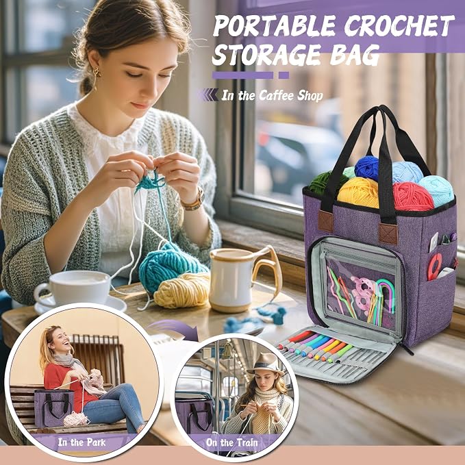Crochet Bag Organizer for Crocheting, Knitting Yarn Bag Tote On The Go | Crochet Storage Bag for Knitters Supply, Crochet Gifts for Women, Birthday Gifts, Only Bag No Accessories (Purple)