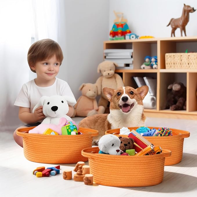 Orange Basket for Gifts Empty, 13"x 9"x 5" Small Woven Rope Bin, Easter Basket Empty, Kids Dog Cat Toy Bin Box, Cute Baby Nursery Organizer, Decorative Storage with Handles, Orange Room Decor