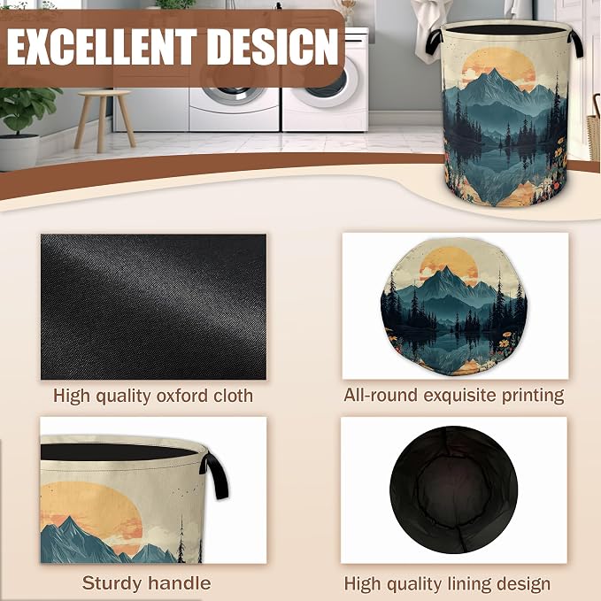 Mountain Sunset Lake Landscape Laundry Basket, Collapsible Waterproof Oxford Laundry Hamper with Handles, Clothes Storage Bin Toy Organizer for Bathroom/Bedroom/Dorm 16 x 20.8 Inch
