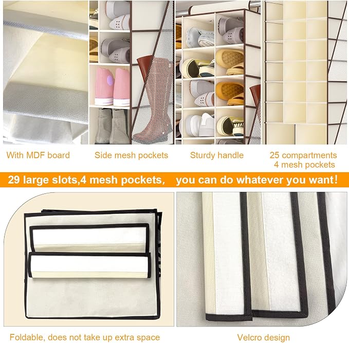 Hanging Shoe Organizer for Closet-Collapsible Storage Rack with 25 Sections & 4 Side Pockets, Hanging Shoe Shelves for Hats,and Clothes, Beige