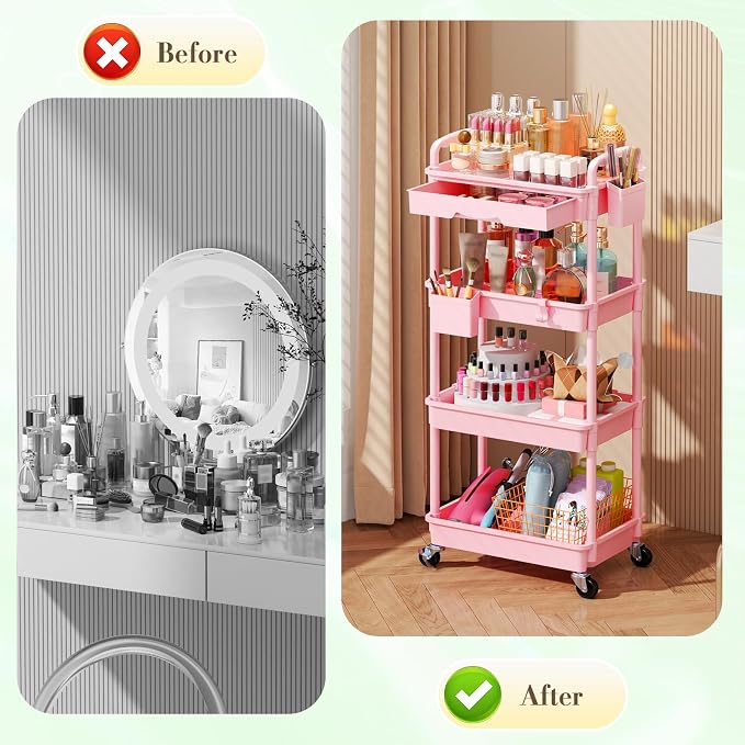 SUNALLY Makeup Cart Organizer with Drawer, 4 Tier Rolling Makeup Cart, Pink | Rolling Vanity Storage for Skin Care Perfume Nail Polish, Floor Skincare Organizers Cosmetics Display Bathroom Storage Cart