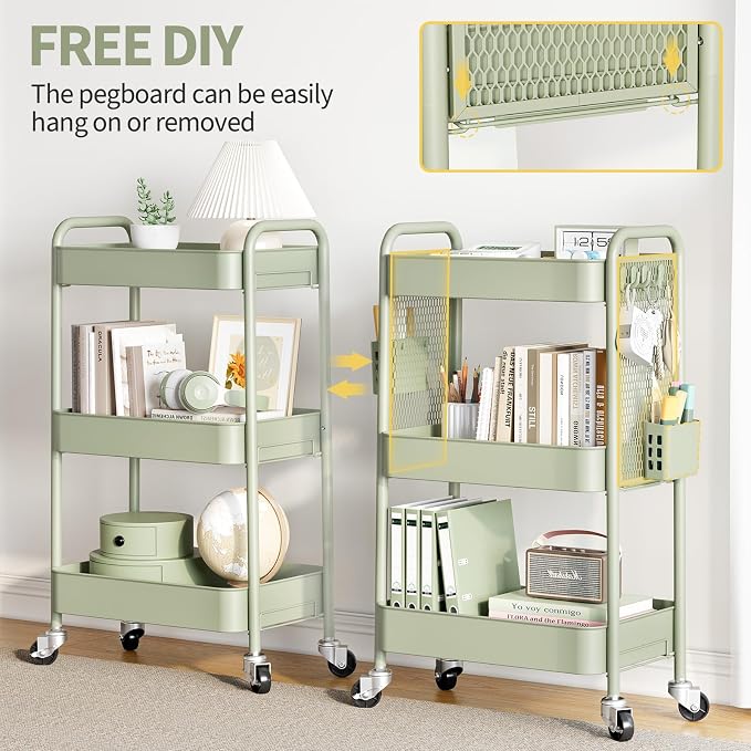TOOLF 3 Tier Rolling Cart, Metal Utility Storage Cart with Pegboard, Green | 2 Bins & 4 Hooks, Screwless Assembly, Lockable Wheels, Trolley Organizer for Bathroom, Kitchen, Office, Dorm, Craft Room