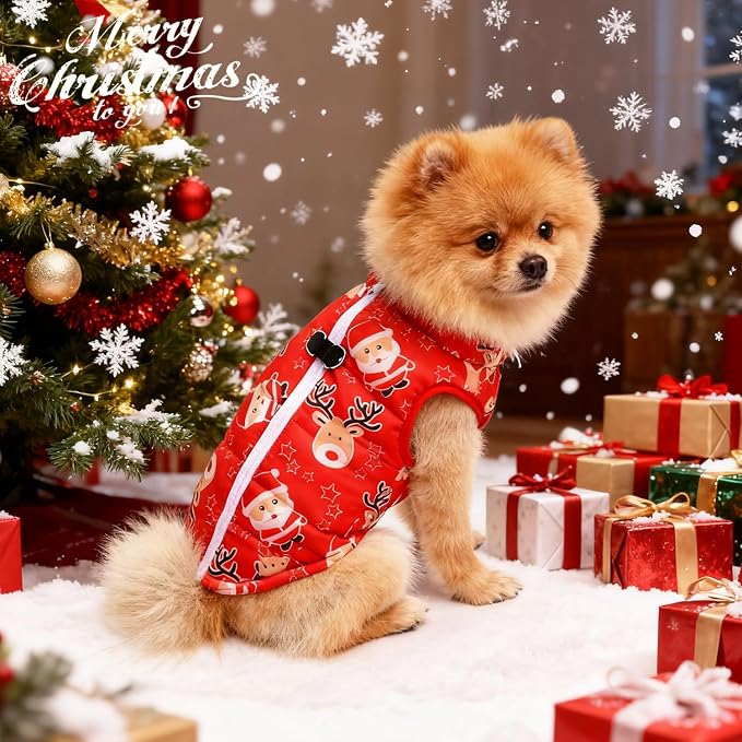 Idepet Pet Dog Cat Coat with Leash Anchor Color Patchwork Padded Puppy Vest Jacket Teddy Chihuahua Costumes Pug Cloth XS S M L(XX-Large,Red-Santa&Reindeer)