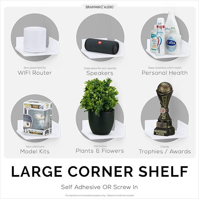 BRAINWAVZ 6.5" Corner Shelf Mount for Speakers, Cameras, Baby Monitors, Plants, Books Electronics, Collectibles & More, Adhesive & Screw in Floating Shelves (White)