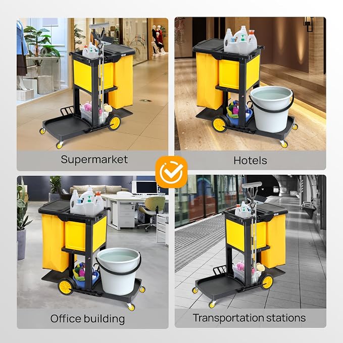 TUFFIOM Janitorial Cart with Key-Locking Cabinet, 3-Shelf Commercial Cleaning Cart, Housekeeping Caddy with Locker,Wheeled with Yellow Vinyl Bag, Black, Great for Hotel, Stores, Schools, and Business