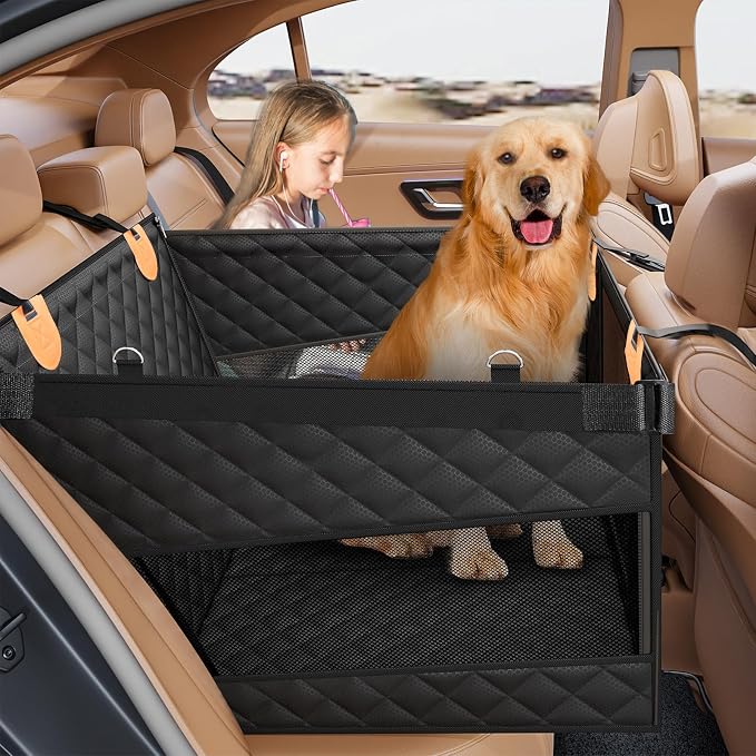Large Dog Car Seat, Back Seat Extender for Dogs with Hard Bottom | Waterproof Medium Carseat for Dogs with 3 Mesh Windows, Pet Seat Cover for Cars, Trucks and SUVs