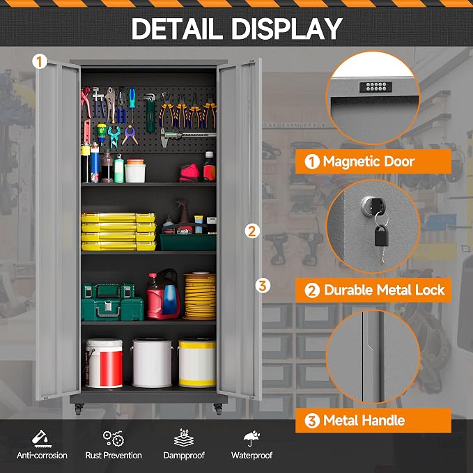 71''H Garage Storage Cabinet, Meatl Storage Cabinet with Lock | Tool Storage Cabinet, Steel Tool Cabinet with 2 Doors and Shelves for Garage, Warehouse, Assembly Required, Gray