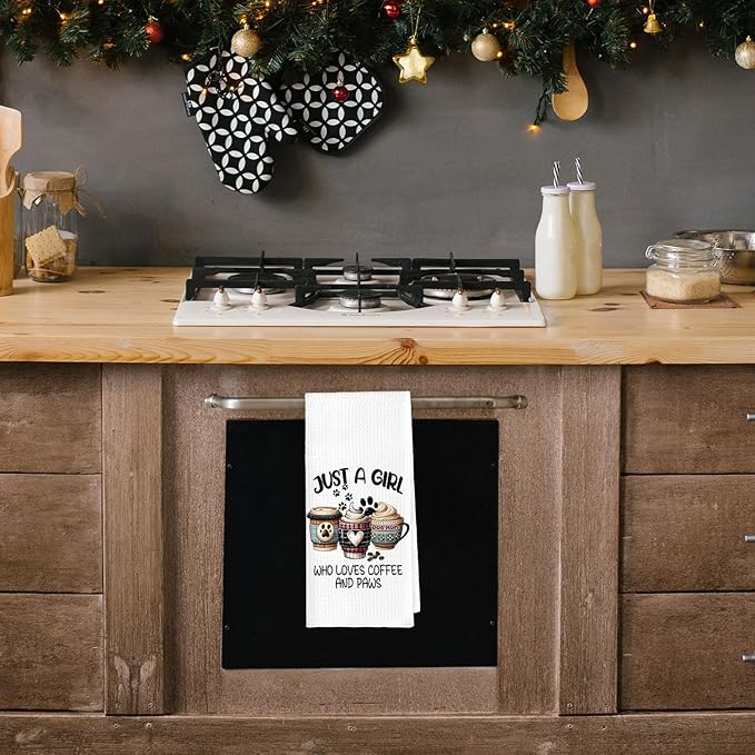 Kitchen Towels Dish Towel Tea Towels, Hand Towel Coffee Decor Gifts for Women Dog Mom, Just A Girl Who Loves Coffee and Paws 16x24 Inch