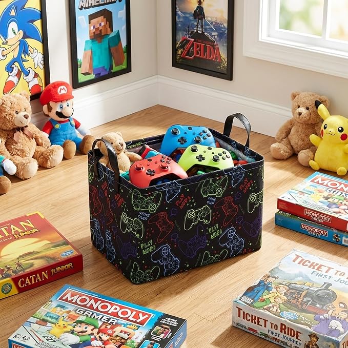 MAIZMZ Game Controller Storage Bin, Waterproof Linen Laundry Basket with Handles for Game Room Bed, Gifts,Toys
