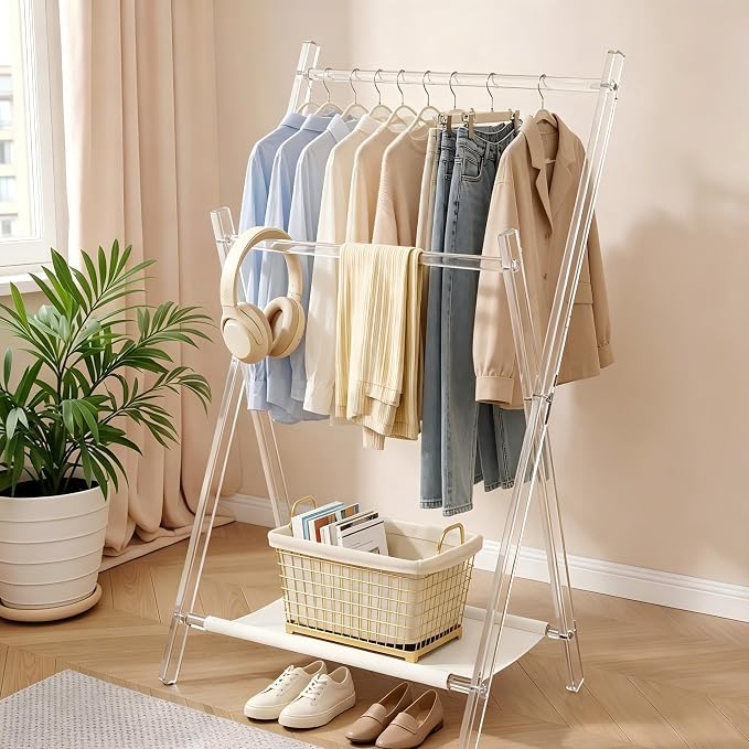 Acrylic Clothes Rack, Foldable Kids Clothing Rack,with Shelves Portable Coat Rack, Suitable for Entrance Hall, Bedroom, Living room, and Bathroom for Hanging Clothes of Babies and Pets.