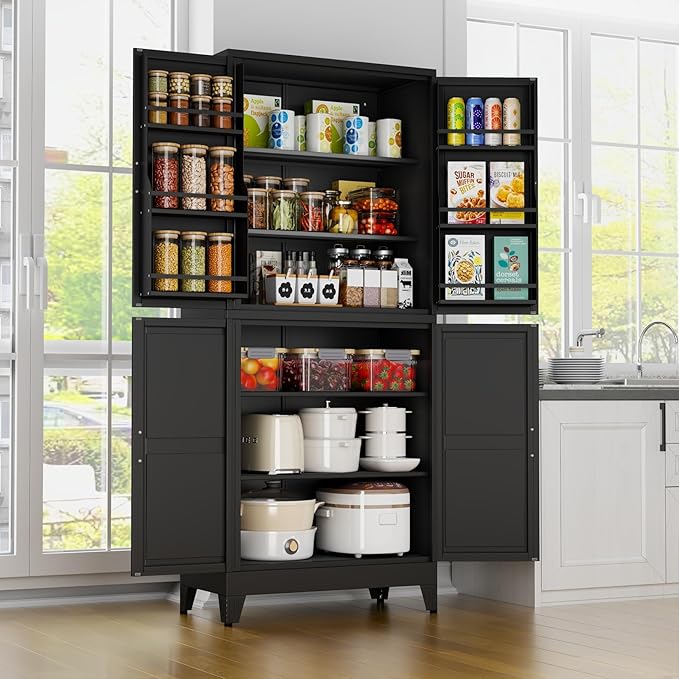 Black Kitchen Pantry Storage Cabinet, 75" Metal Storage Cabinet | Steel Storage with Doors and 3 Adjustable Shelves, Metal Freestanding Buffet Cupboards Sideboard, for Office, Home, School