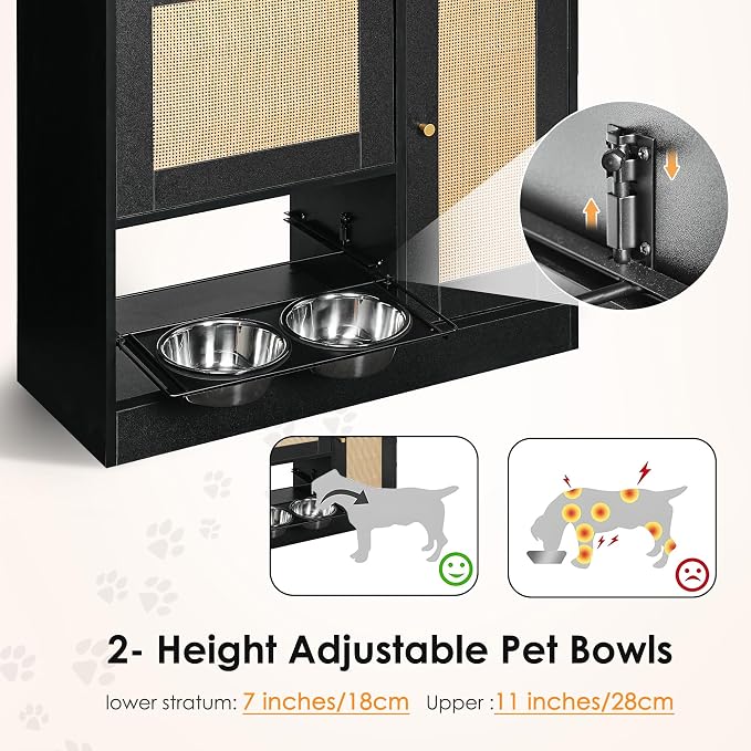 Pet Feeding Station with Elevated Bowls, Pull Out Drawer, Rattan Doors, Storage Lockers, Side Hooks, Anti Tipping Kit, Hidden Food Water Organizer for Dogs Cats Home Supply Furniture