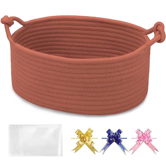 Small Empty Gift Basket with Bag & Ribbons, Autumn Glaze | 12“x8”x5”, Cotton Rope Woven Basket for Birthdays, Baby Showers, Mother's Day, Christmas; Stores Small Items, Kids & Pet Toys