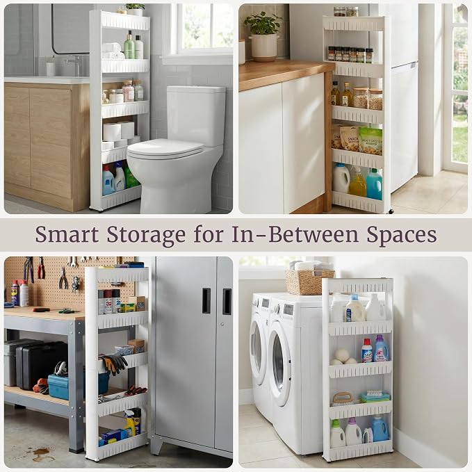 Lavish Home Slim Rolling Storage Cart, White, 21.5” x 5” x 52”