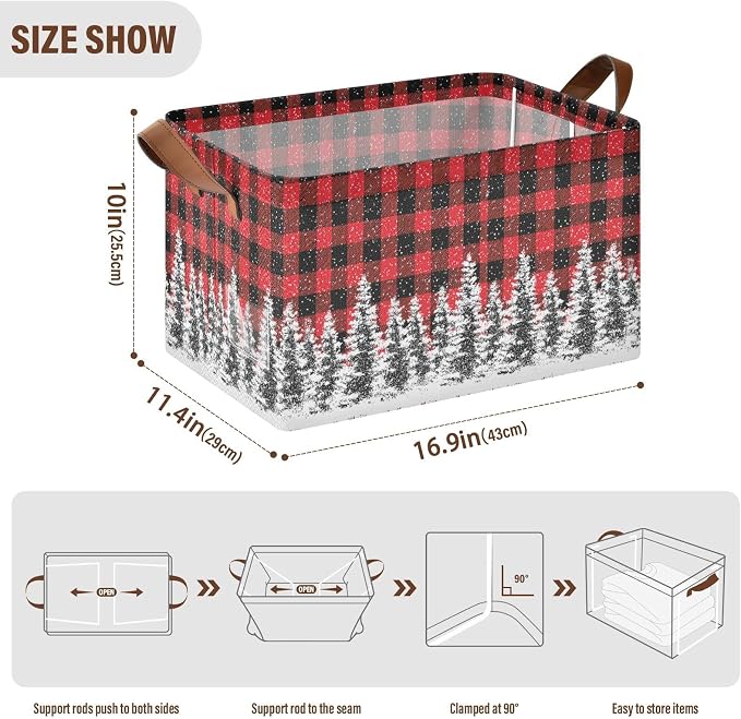 Xmas Tree Red and Black Buffalo Plaid Storage Basket Foldable Cube Storage Bins with Handles&Label Waterproof Organizer Box Bin Large Rectangle Decorative Baskets for Shelves Home Room Laundry-2 Pack