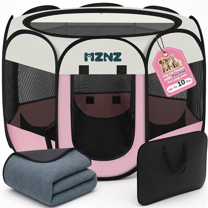 Dog Cat Small Animal Puppy Playpen Crate with Pee Pad, Small, Pink | Portable Pop Up Pet Cage Enclosure Tent Kennel Indoor Outdoor with Carrying Case, No Assembly, Camping Use