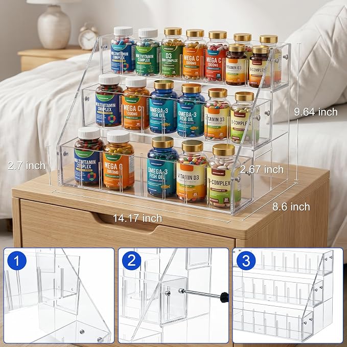 3-Tier Vitamin Storage Organizer, Organizer for Vitamin Bottles And Medicine Bottle Vitamin Bottle Organizer for Countertop, Bathroom Cabinet Storage Items Are Clearly Visible Spice Storage（Large size
