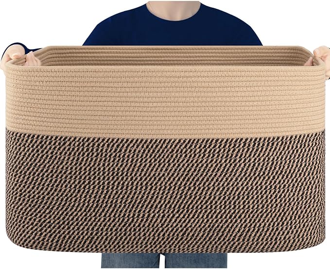 96L XL Large Cotton Rope Basket, Soft Toy Storage Bin for Nursery & Living Room, Decorative Blanket Basket for Bedroom, Baby-Safe Organizer for Pillows &Laundry, 24''×16''×15'', Brown & Black