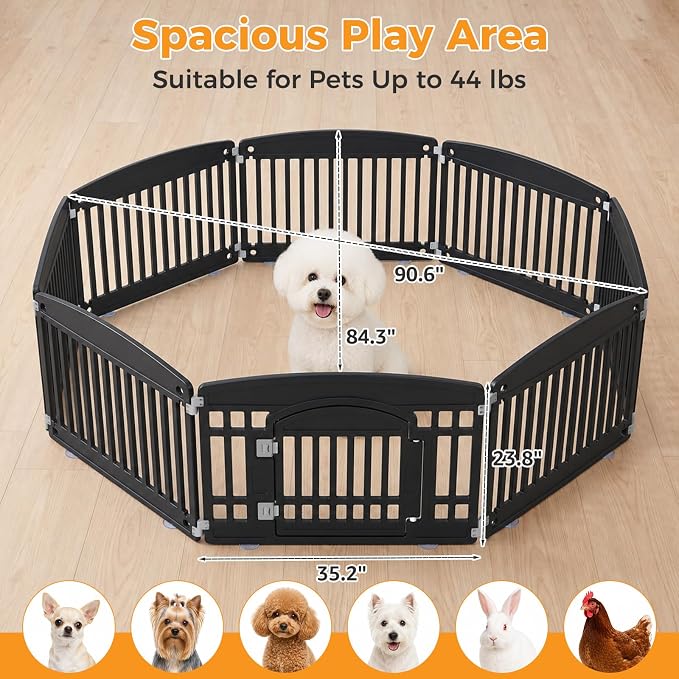 NEWBULIG 8 Panels 24 Inch Dog Playpen, Plastic Pet Play Pen Fence | Portable, Secure Locking Door, Indoor Outdoor Yard RV Camping, Small Medium Dogs, Black