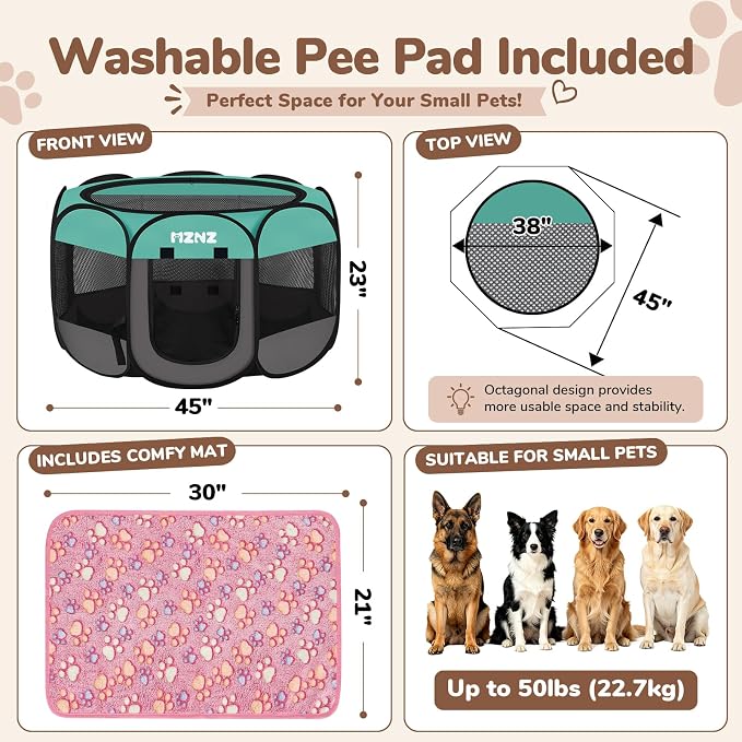Dog Cat Small Animal Puppy Playpen Crate with 2 Blankets, Large, Blue | Portable Pop Up Pet Cage Enclosure Tent Kennel Indoor Outdoor with Carrying Case, No Assembly, Camping Use