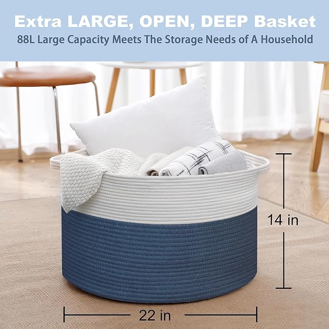 MEGASKET Extra Large Rope Basket, XXXL Woven Wicker Storage Basket, Kids Room Toy Storage Organizer and Storage, Dog Toy Stuffed Animal Basket Bins, Kids Room Playroom Organization(22" x 22" x 14")