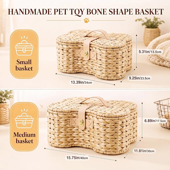 Barydat 2 Set Dog Bone Shaped Basket with Lid Gourd Grass, Light Brown | Large Small Sizes, Handmade Woven Basket for Toy Storage, Organizes Pet Items, Home Bin with Secure Lid Closure