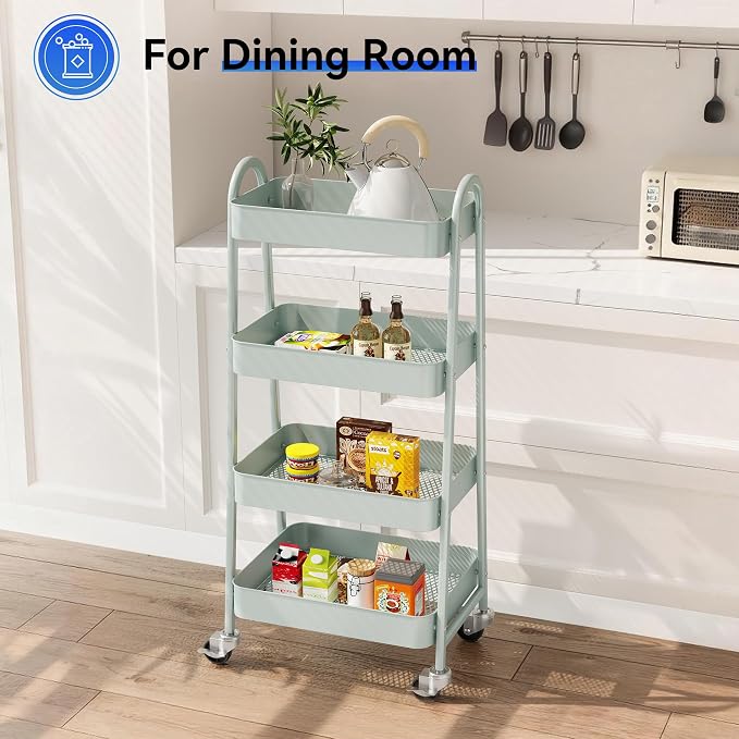 OLIXIS Metal 4 Tiers Rolling Storage Utility Cart with Lockable Wheels | Mobile Organizer Shelf, Space-Saving, Freestanding, Bathroom, Living Room, Slim, Narrow Corner Spaces, Green