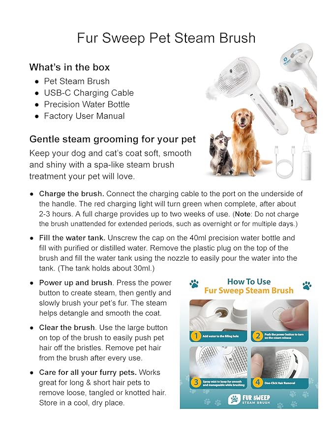 Fur Sweep Steam Brush For Dogs Comb for Grooming Cat Brush For Shedding, Self Cleaning Deshedding Tool, Anti Static Mist, Rechargeable, Slicker Comb for Long and Short Haired Pets, Gentle Fur Remover
