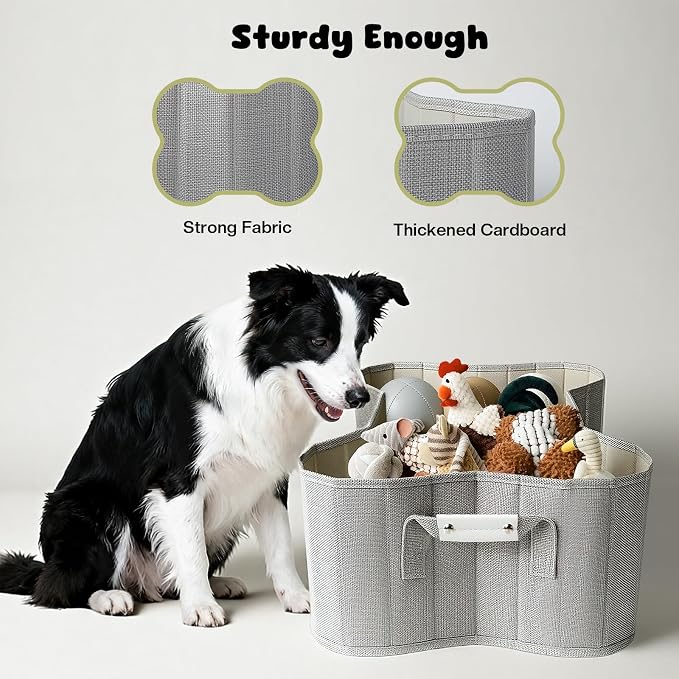 39L Dog Toy Basket, Collapsible Dog Bone Baskets for Toys, Dogs Storage Organizer with PU Handles, Pet Toys Basket with Bone Shape Design, Toy Baskets for Dogs, Gray, 22" x 14.4" x 7.5"
