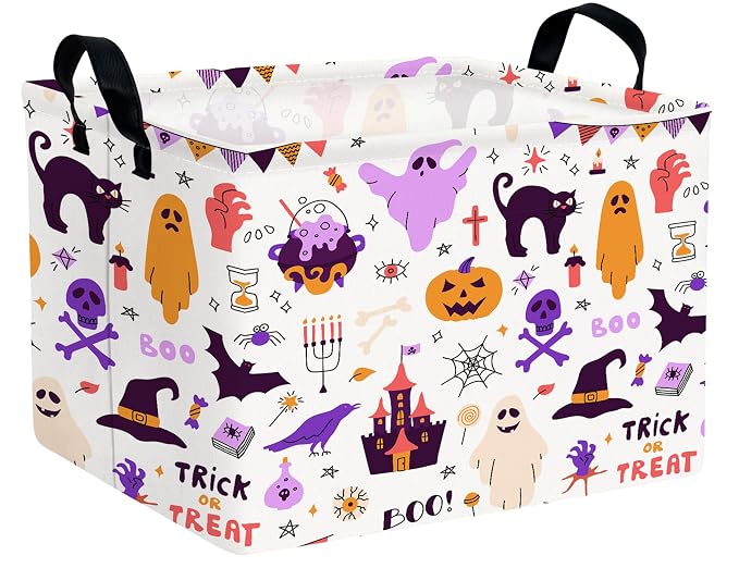 Large Halloween Themed Candy Gift Boo Basket for Kids Baby Personalized Adults Storage Bin Fall Decor(Purple Skull Castle Cat Spooky)