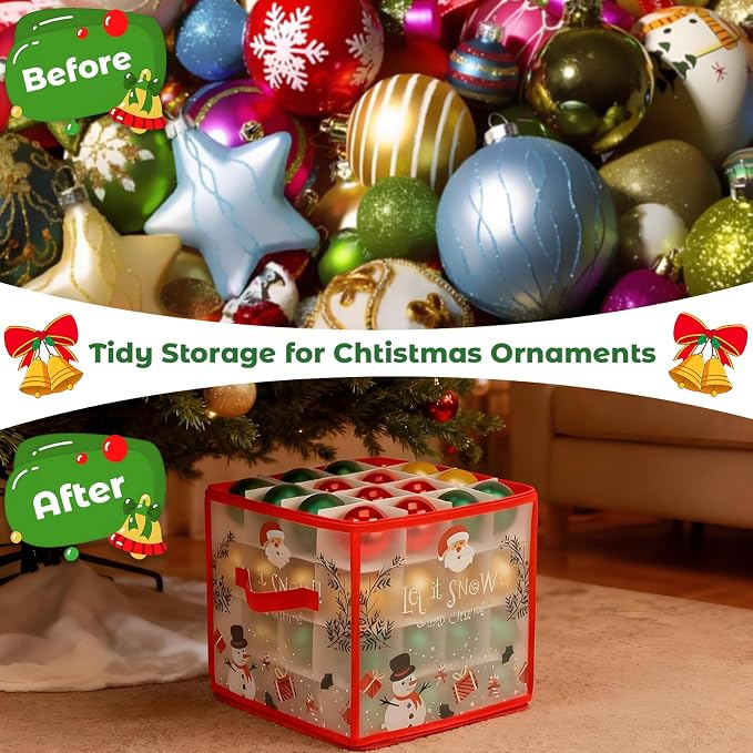 Christmas Ornament Storage Box, Christmas Ball Container with Dividers for 64 Balls, Space-Saving Holiday Decor Organizer Xmas Ornaments Box (Red)